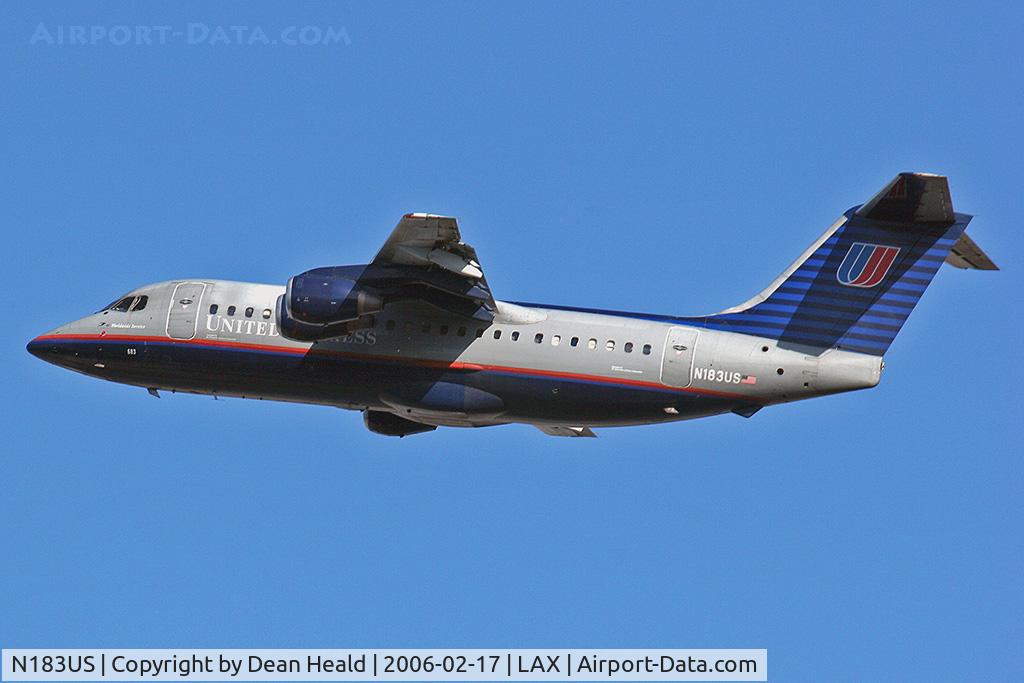 N183US, British Aerospace BAe.146-200A C/N E2043,  A rare sighting these days.  A United Express BAe-146 departing RWY 25R.