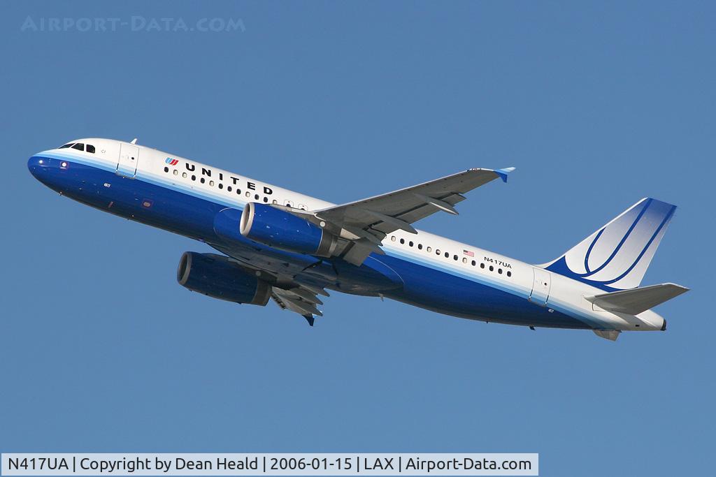 N417UA, 1994 Airbus A320-232 C/N 483, Departing RWY 25R on a clear January afternoon.