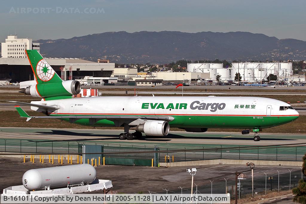 B-16101, McDonnell Douglas MD-11 C/N 48542, After arriving, the EVA AIR Cargo aircraft is taxiing to the Imperial Cargo Terminal.
