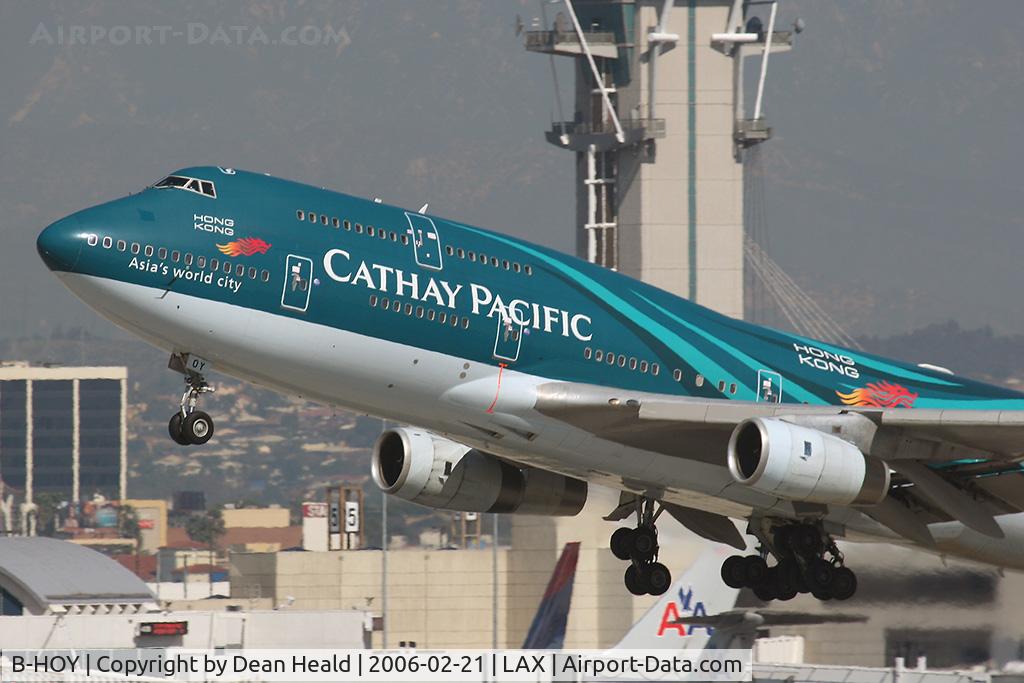 B-HOY, 1991 Boeing 747-467 C/N 25351, Close-up of Cathay Pacific - B-HOY - Asia's World City Hong Kong livery B747-400 departing LAX RWY 25R.