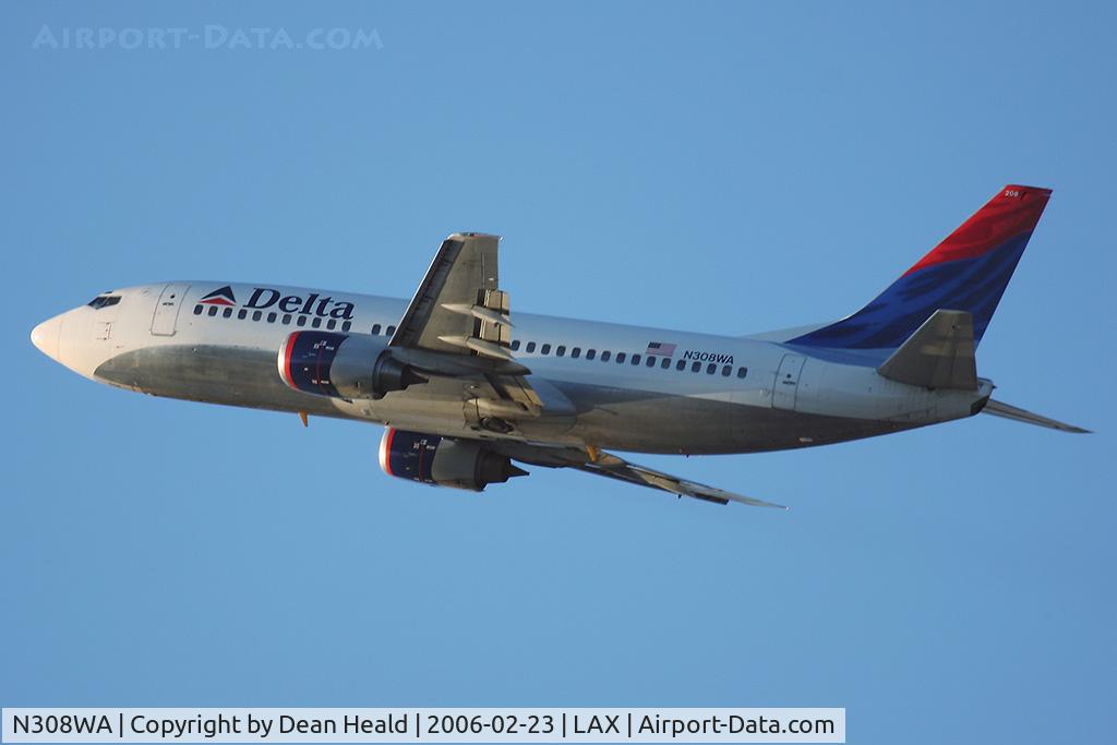 N308WA, 1986 Boeing 737-347 C/N 23441, Delta Airlines N308WA departing LAX RWY 25R on a late afternoon in February 2006.
