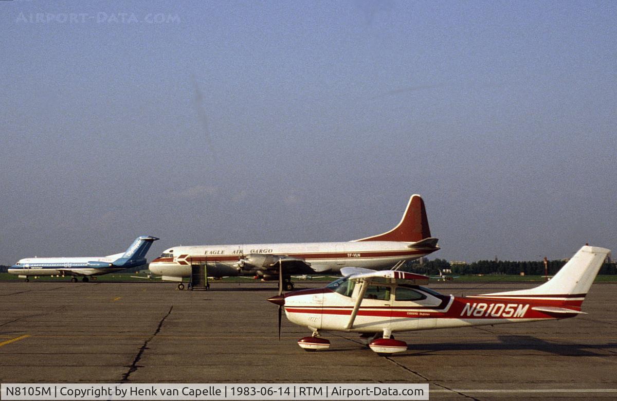 N8105M, 1976 Cessna 182P Skylane C/N 18264542, Seen at Rotterdam Zestienhoven airport with Lockheed Electra TF-VLN and a Fokker F-28.