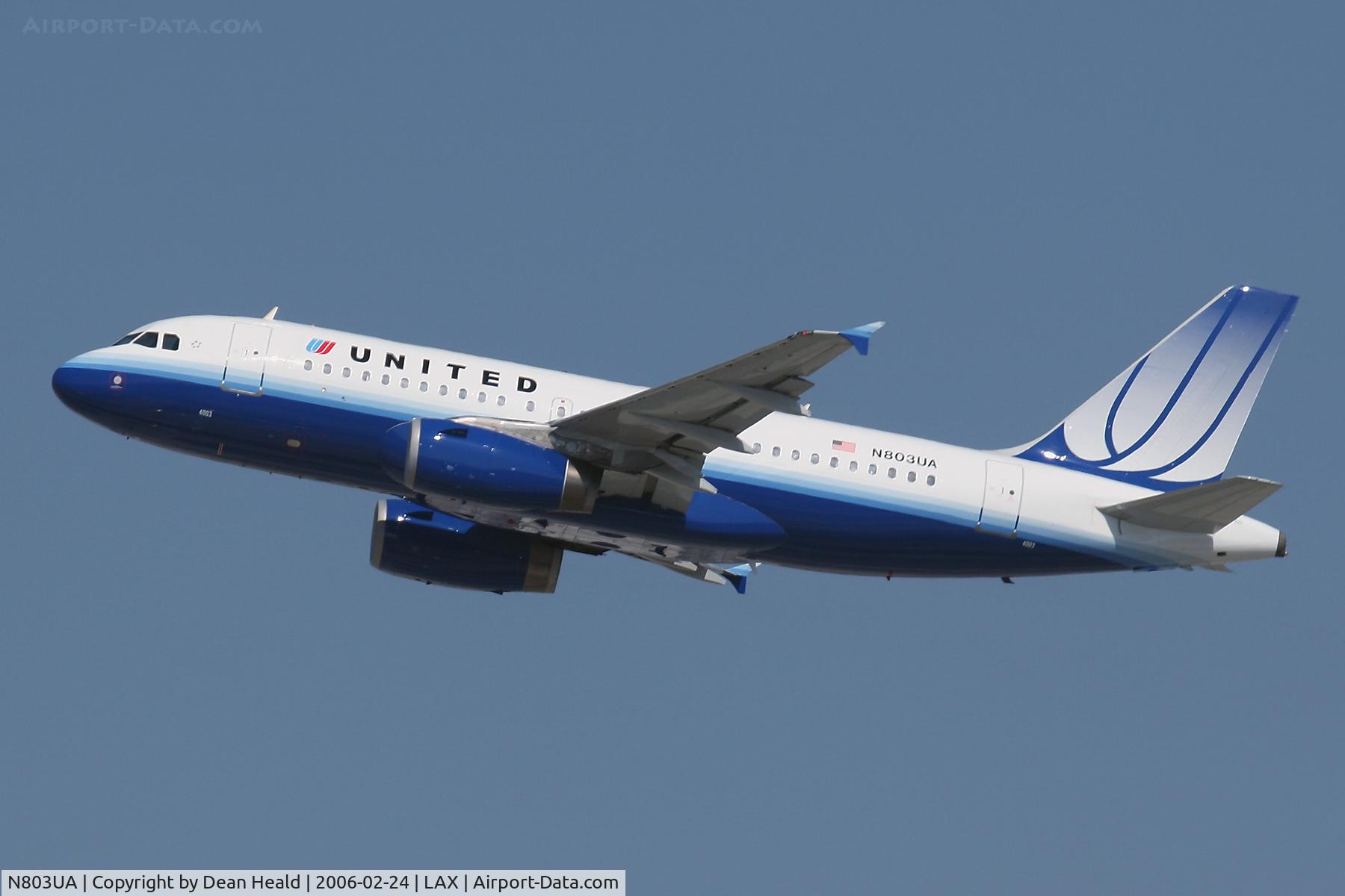 N803UA, 1997 Airbus A319-131 C/N 748, United Airlines N803UA (FLT UAL857) climbing out from RWY 25R en route to San Francisco Int'l (KSFO).