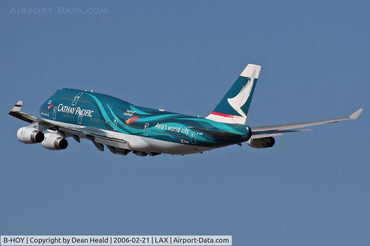B-HOY, 1991 Boeing 747-467 C/N 25351, Cathay Pacific B-HOY departing LAX RWY 25R.