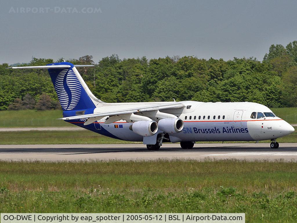 OO-DWE, 1998 British Aerospace Avro 146-RJ100 C/N E3327, Departing Runway 16 to BRU this a/c was diverting to BSL due to strike at Strasbourg