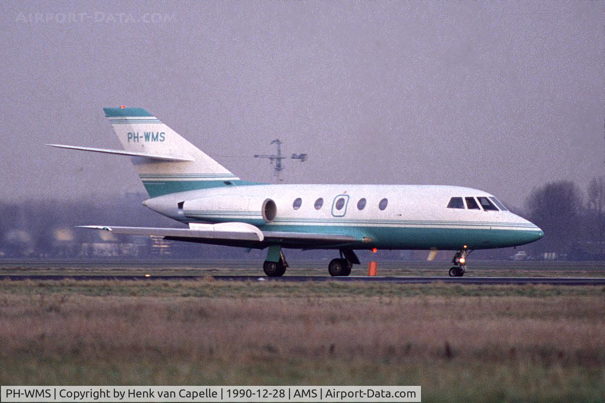 PH-WMS, 1973 Dassault Falcon (Mystere) 20E C/N 285, PH-WMS landing at Schiphol airport. Operated by WMS Airways BV.