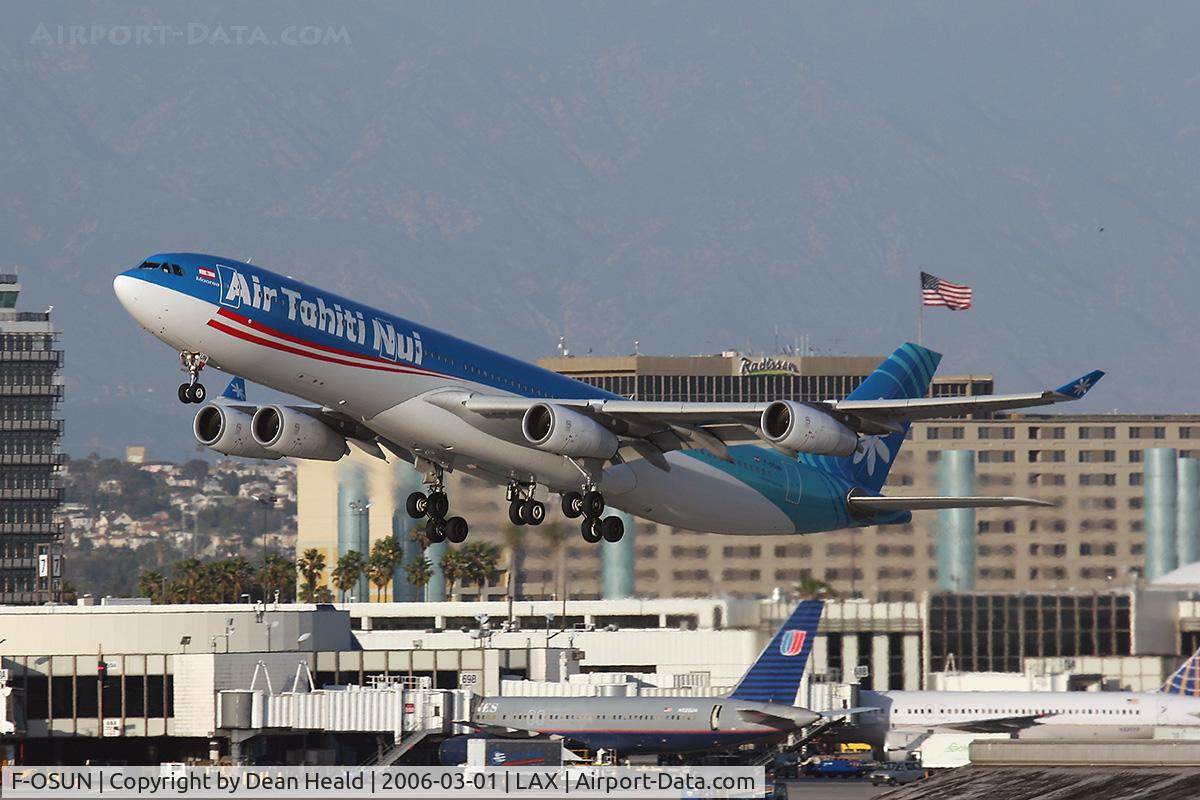 F-OSUN, 2001 Airbus A340-313 C/N 446, Air Tahiti Nui F-OSUN (A340-313) departing LAX RWY 25R on a late afternoon in March 2006.