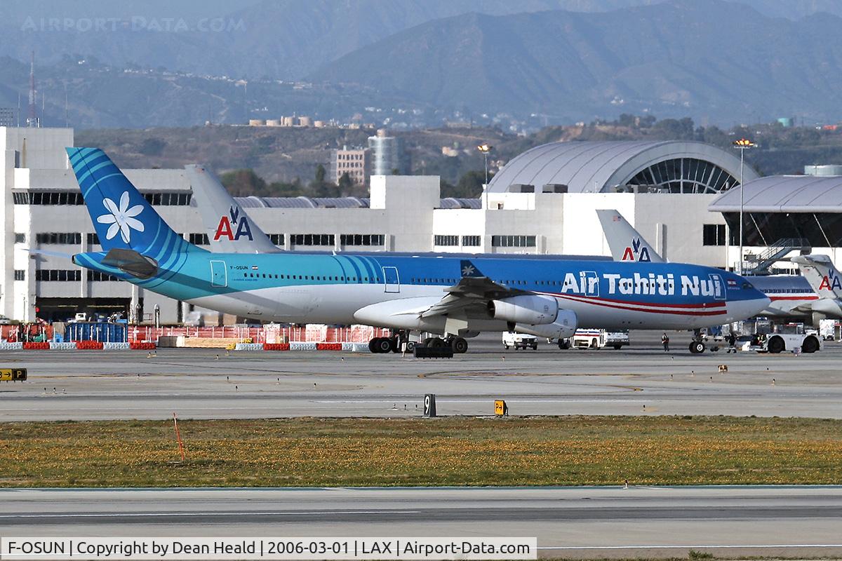 F-OSUN, 2001 Airbus A340-313 C/N 446, Air Tahiti Nui F-OSUN (A340-313) pushed back from terminal, preparing for departure.