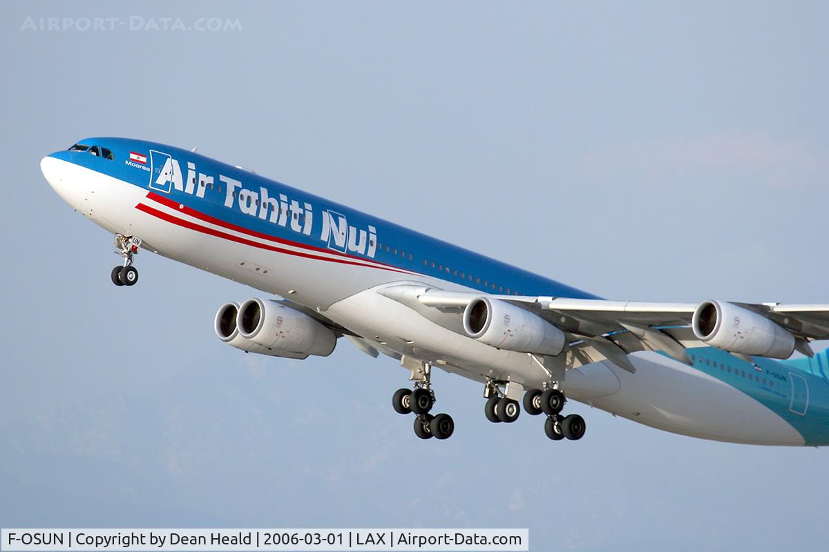 F-OSUN, 2001 Airbus A340-313 C/N 446, Close-up of Air Tahiti Nui F-OSUN Moorea (A340-313) departing LAX RWY 25R.