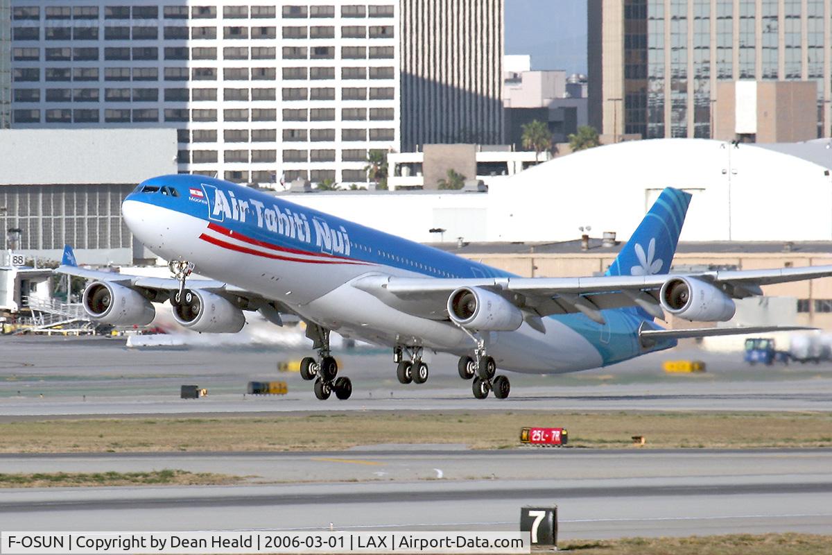 F-OSUN, 2001 Airbus A340-313 C/N 446, Air Tahiti Nui F-OSUN (Moorea) lifting off of LAX RWY 25R.