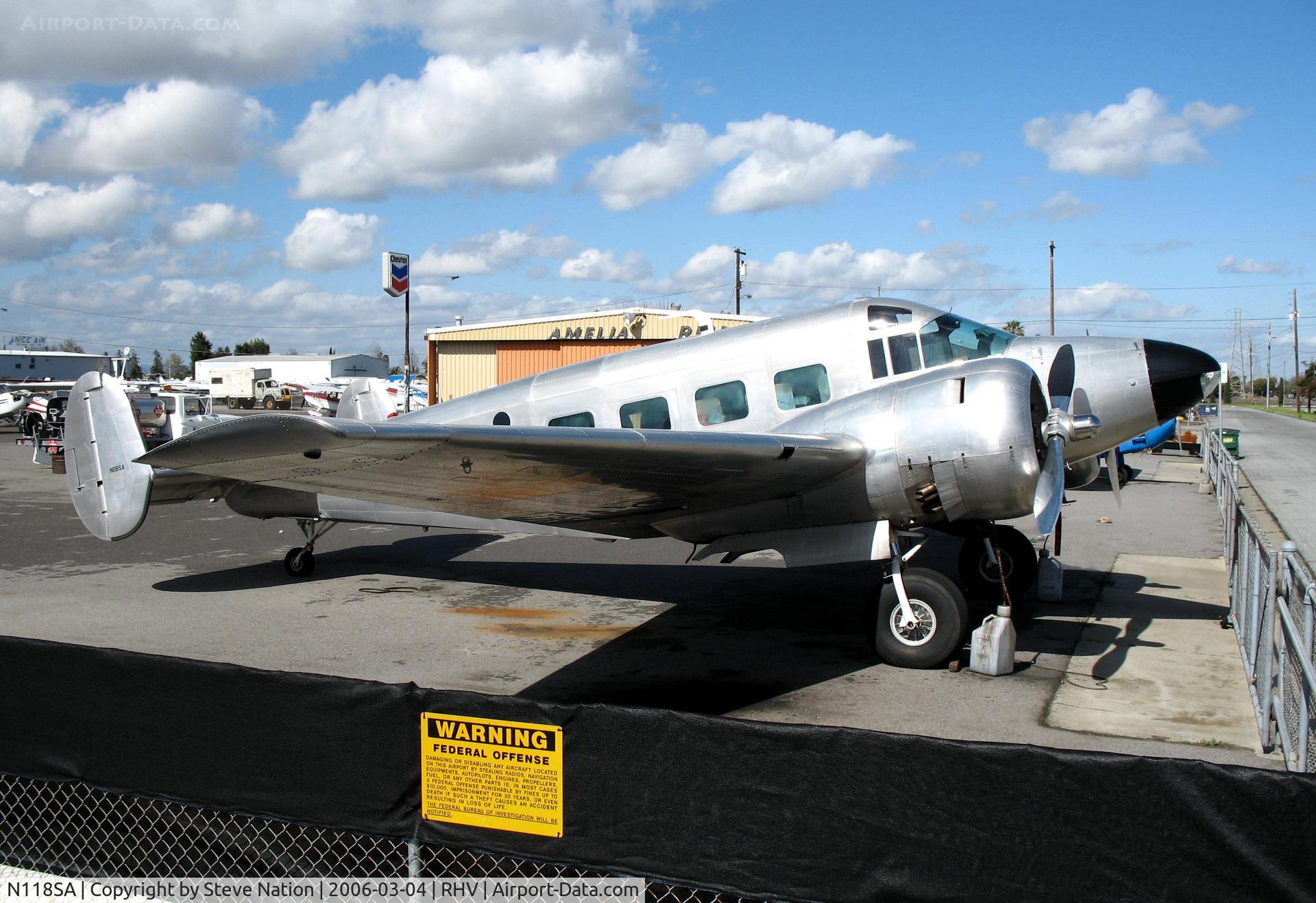 N118SA, 1954 Beech E18S C/N BA-14, all silver Beech E18S at Reid-Hillview Airport (San Jose), CA