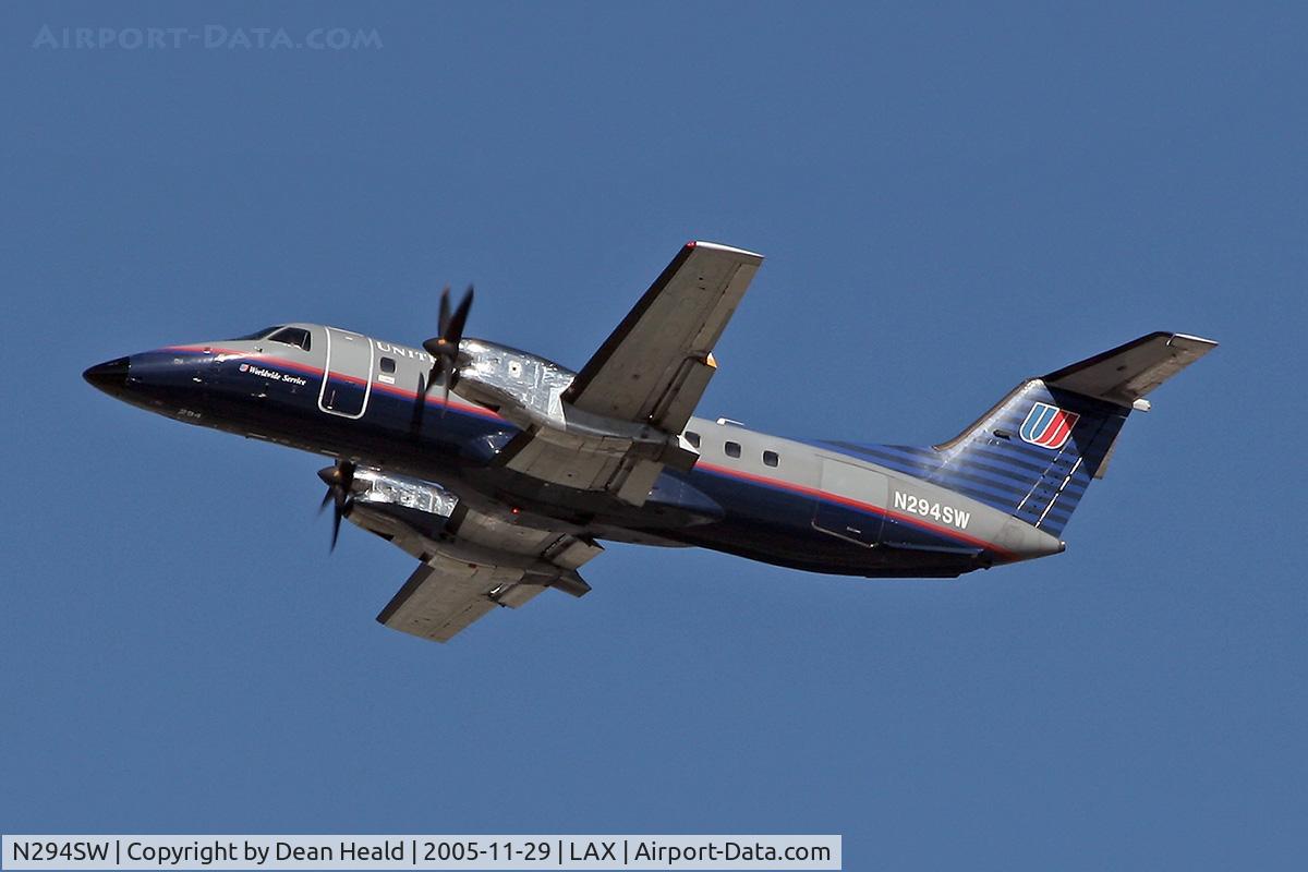 N294SW, 1996 Embraer EMB-120ER Brasilia C/N 120321, United Express N294SW (Embraer EMB-120ER) climbing out from LAX RWY 25R on a November afternoon.