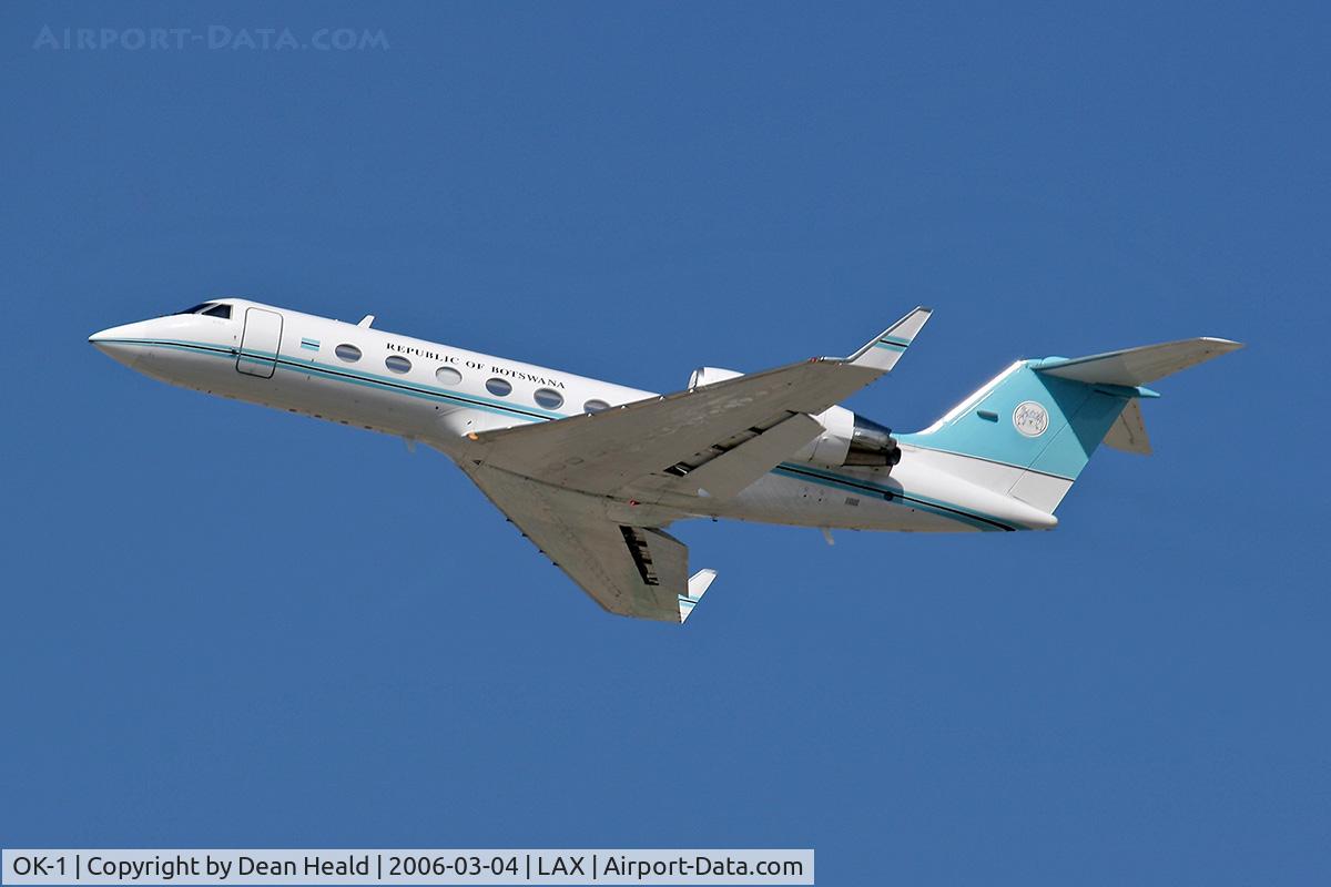 OK-1, 1991 Gulfstream Aerospace G-IV C/N 1173, A rare sighting.  Republic of Botswana Gulfstream G-IV, OK-1, climbing out from LAX RWY 25R.