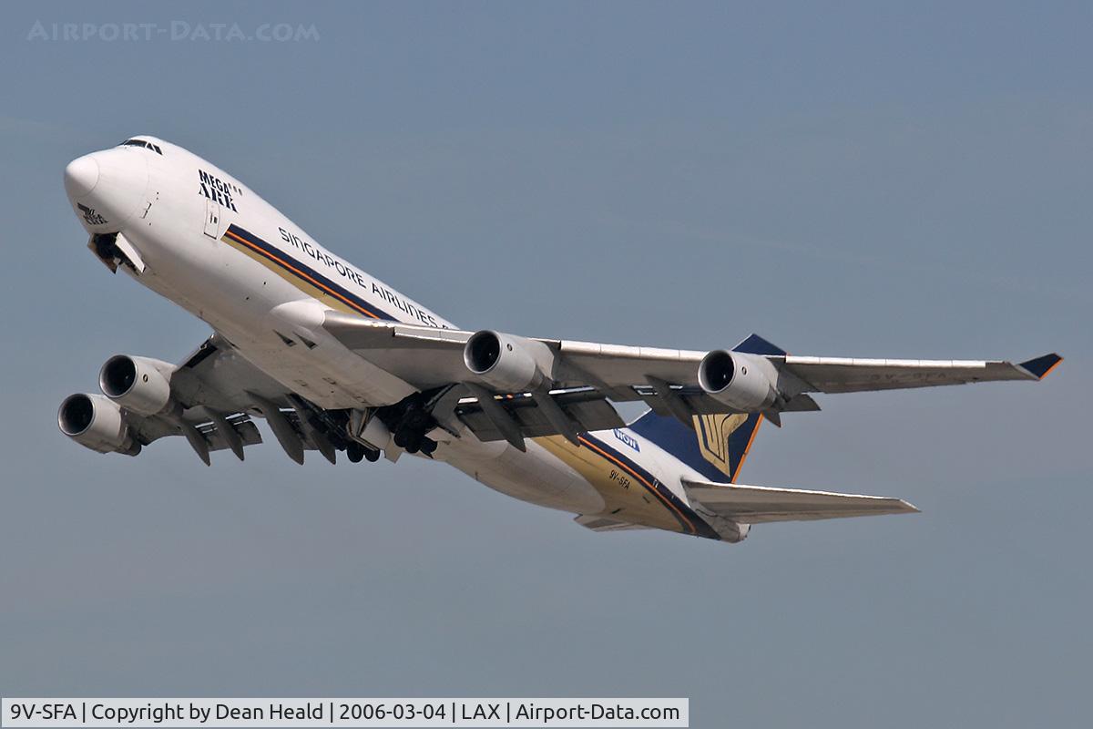 9V-SFA, Boeing 747-412F/SCD C/N 26563, Singapore Airlines Cargo 9V-SFA (747-412F/SCD) departing LAX South Complex enroute to Anchorage, Alaska as SQC7965.