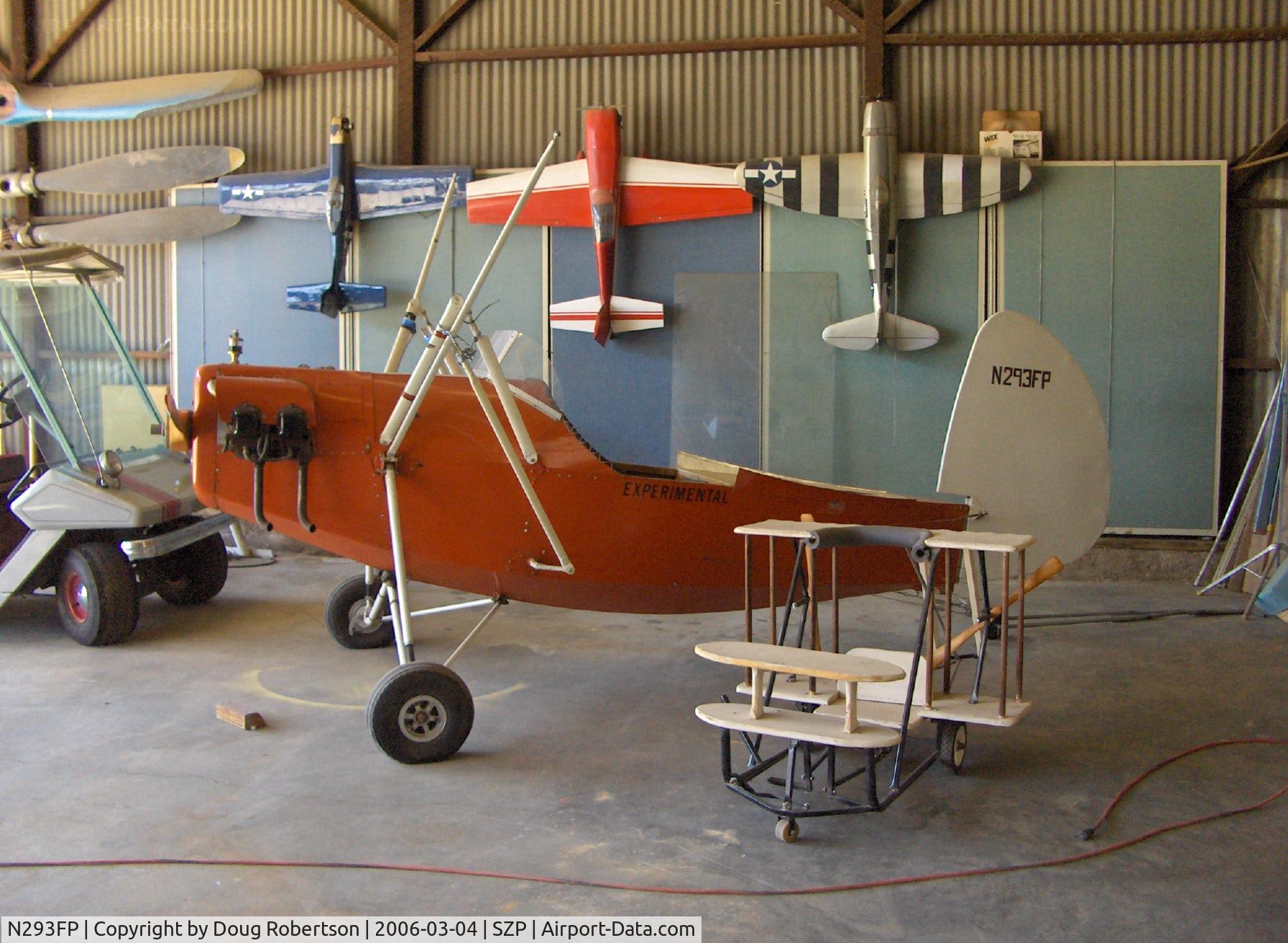 N293FP, Mignet HM.293 Replica Pou-du-Ciel C/N FP100, 1983 F. Perry/Henri Mignet HM293 Pou du Ciel ('Sky Louse' or 'Flying Flea') Ultralight Exp. class, tandem folding wings off, French design from 1930s, Hercules engine 40 Hp,  (kiddie taxi-practice Dickenson family canard-quadraplane flea in foreground).
