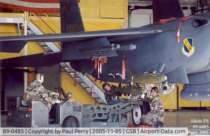 89-0485, 1989 McDonnell Douglas F-15E Strike Eagle C/N 1132/E107, One of the Rocketeer's birds, getting bombed-up in the Weapons Load Demo