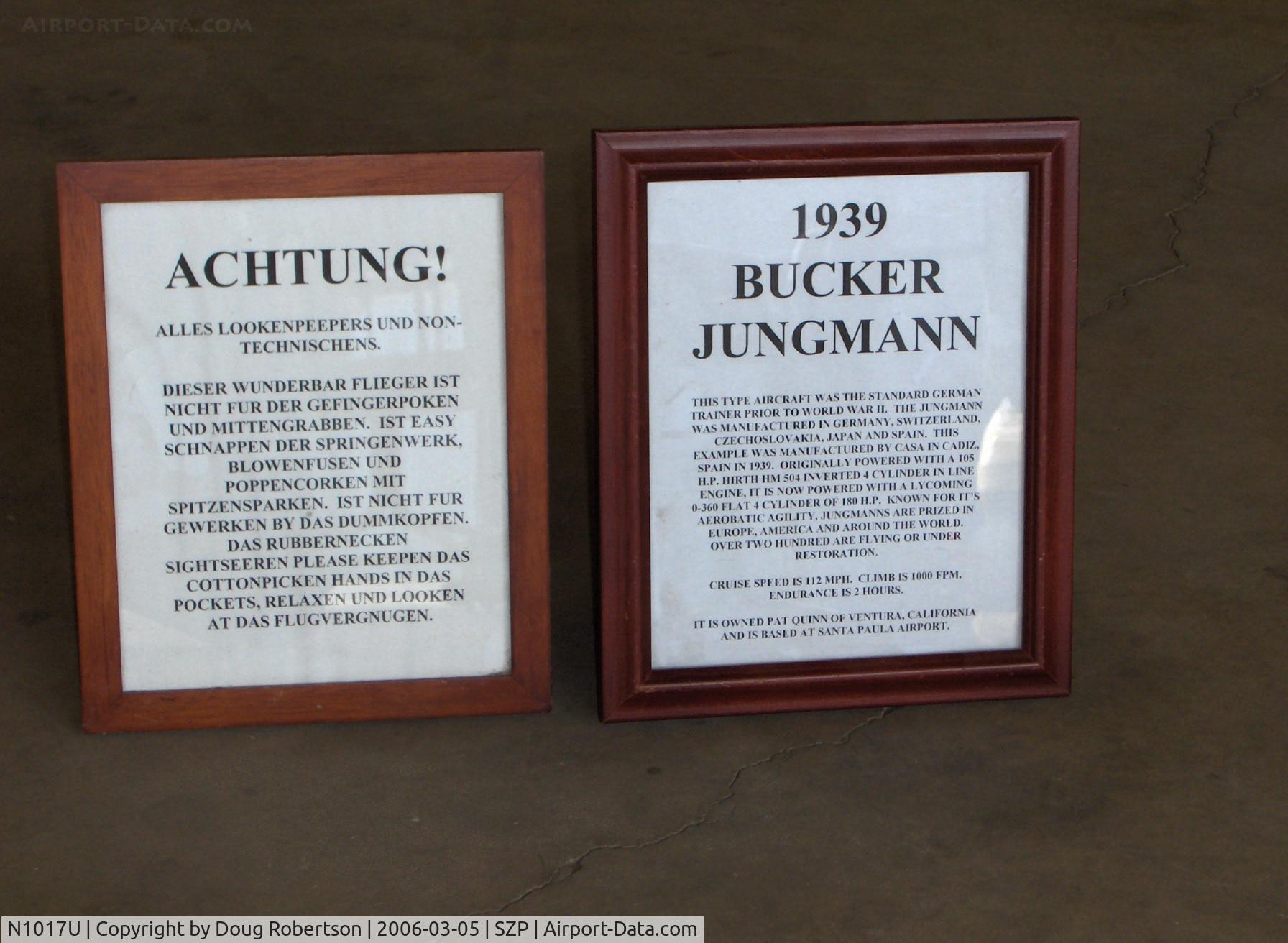 N1017U, 1939 CASA 1-131 Jungmann C/N E3B-435, 1939 Bucker-Jungmann C.A.S.A. 1.131, Attention! and Information signs