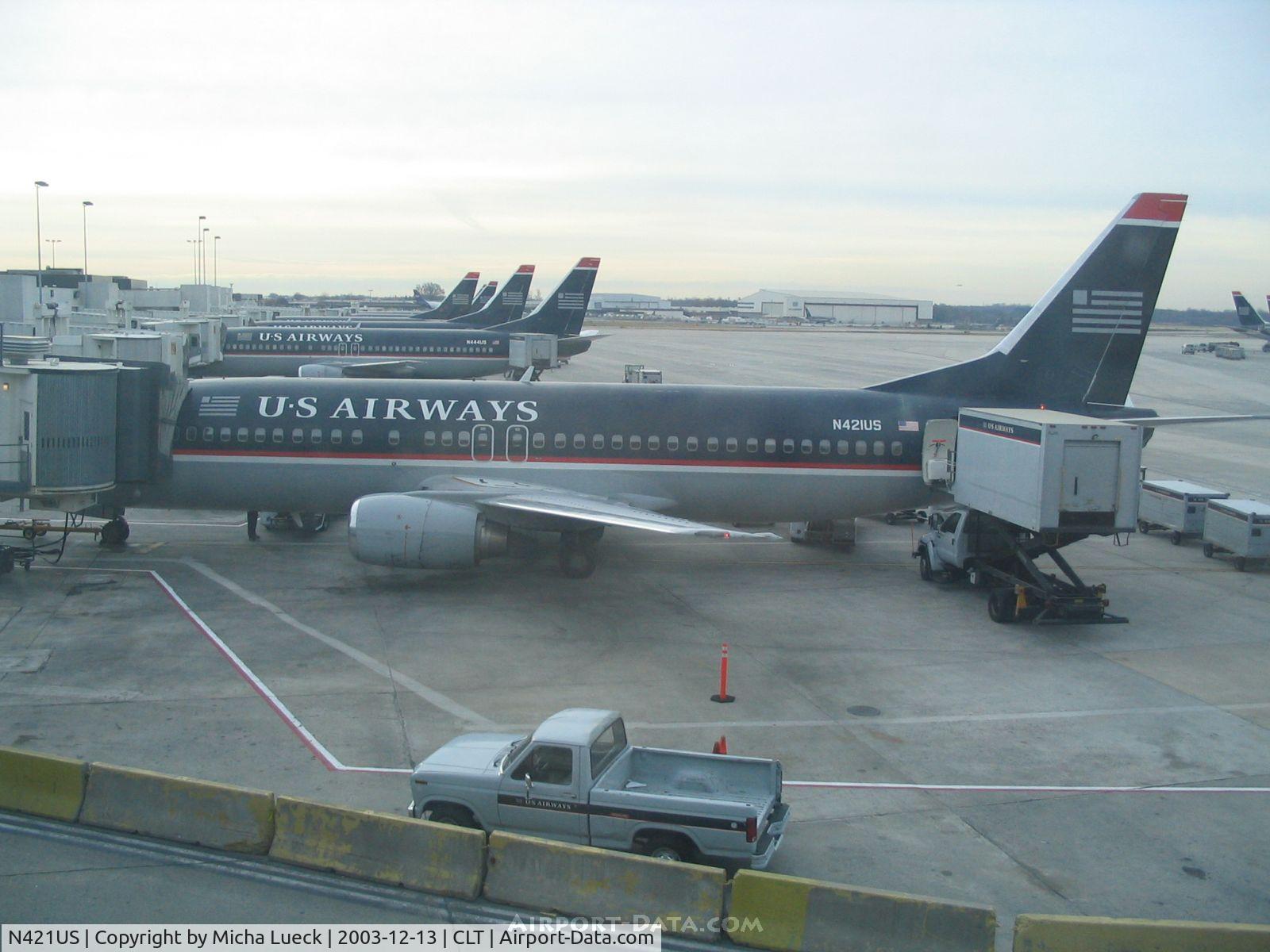 N421US, 1989 Boeing 737-401 C/N 23988, A line-up of US Airways B737s at Charlotte, NC