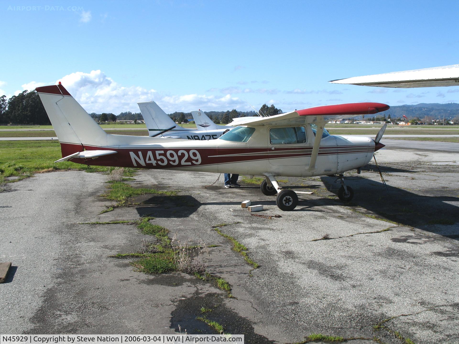 N45929, 1978 Cessna 152 C/N 15282946, Monterey Bay Aviation 1978 Cessna 152 at Watsonville, CA.  Substantially damaged October 22, 2006 on training flight from WVI-SNS when engine failed; aircraft made forced landing near Prunedale, CA and flipped on its back.  CFI and student OK.