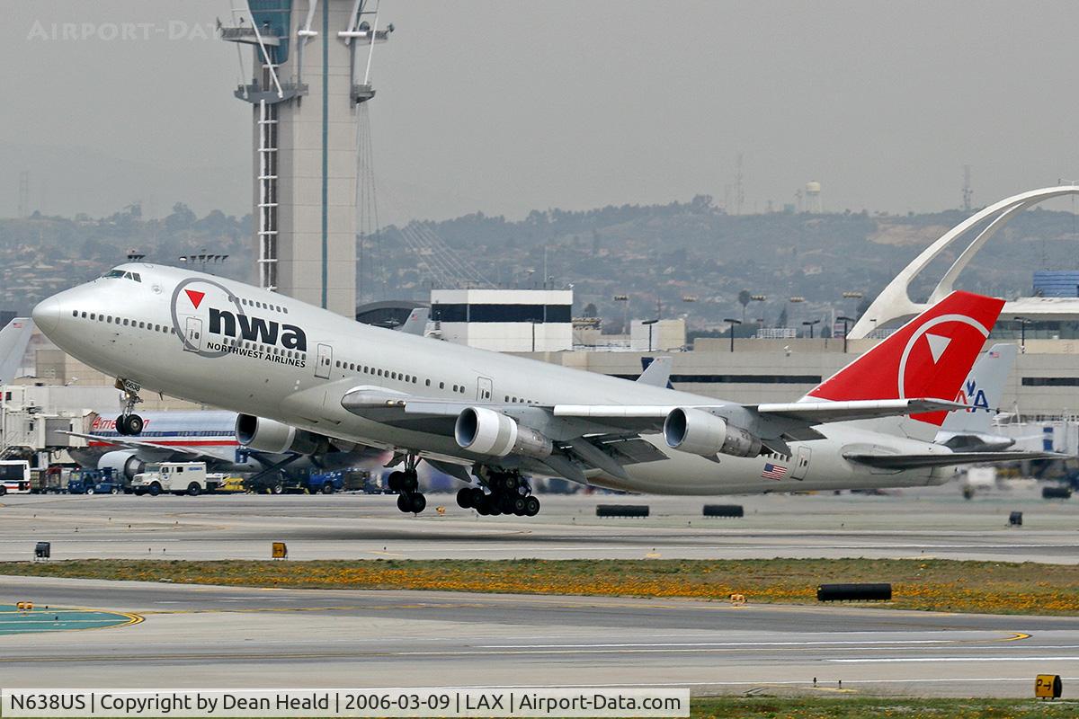 N638US, 1986 Boeing 747-251B C/N 23549, Northwest Airlines N638US (1986 Boeing 747-251B) - FLT NWA1 departing LAX RWY 25R, on a cloudy day, for Narita International Airport (RJAA) - Tokyo, Japan.