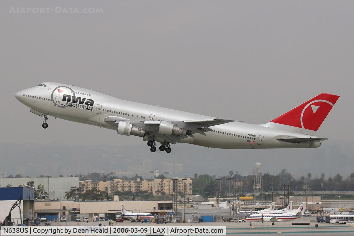 N638US, 1986 Boeing 747-251B C/N 23549, Northwest Airlines N638US (1986 Boeing 747-251B) - FLT NWA1 departing LAX RWY 25R, on a cloudy day, for Narita International Airport (RJAA) - Tokyo, Japan.