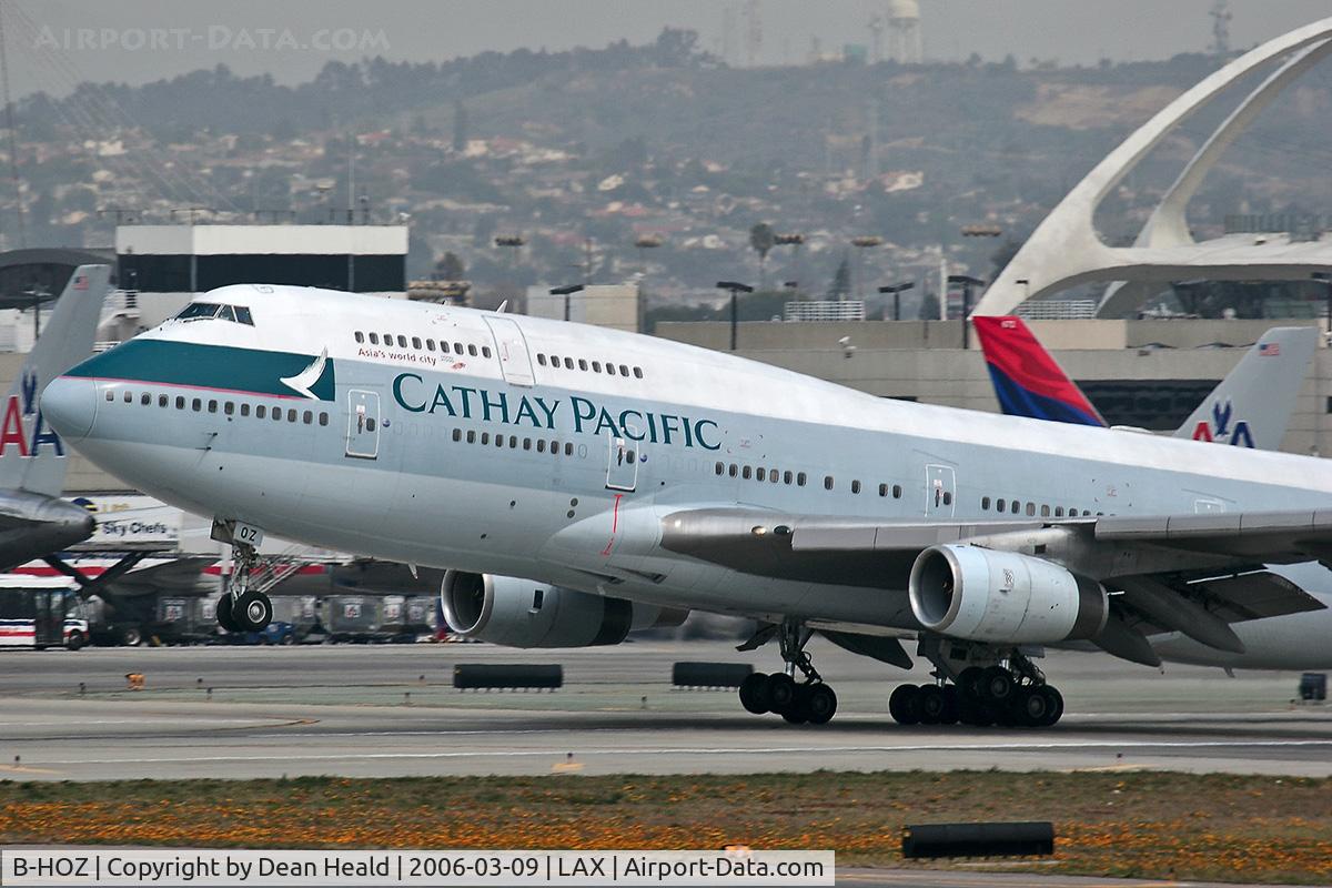 B-HOZ, 1992 Boeing 747-467/BCF C/N 25871, Cathay Pacific B-HOZ (FLT CPA885) departing LAX RWY 25R enroute to Chiang Kai Shek International Airport (RCTP)