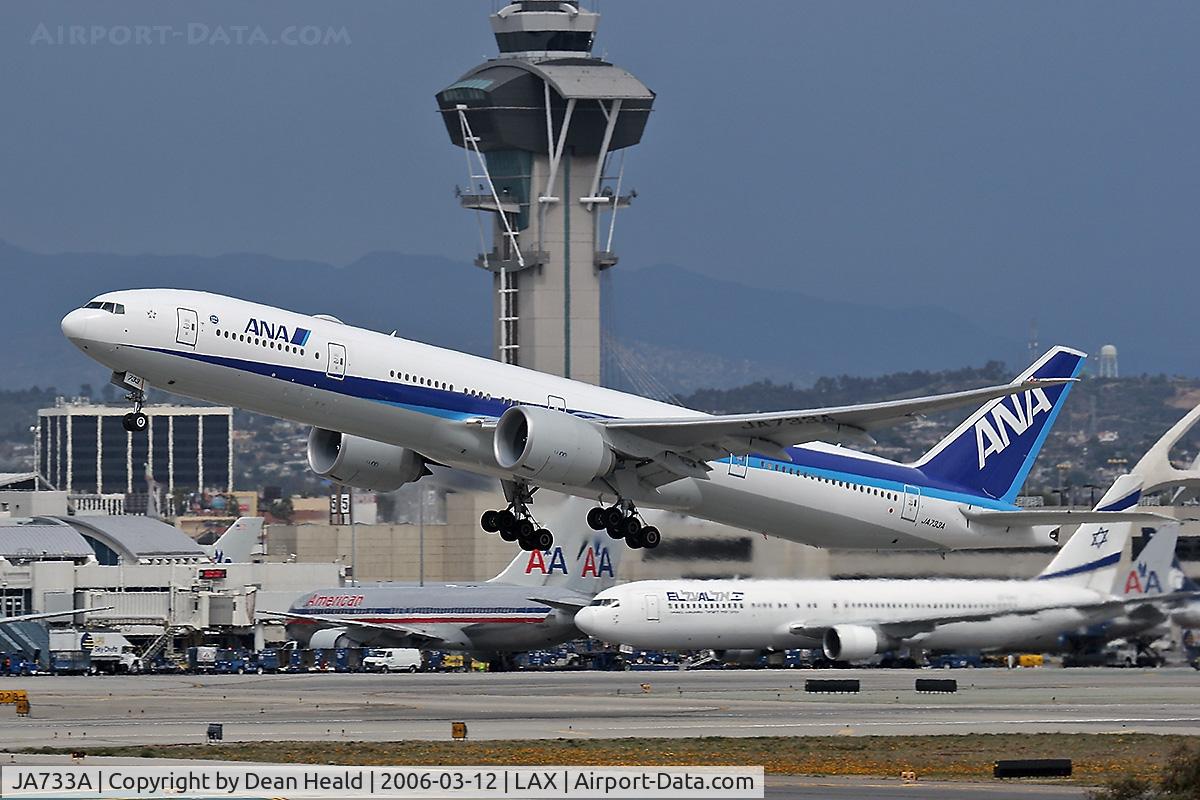 JA733A, 2005 Boeing 777-381/ER C/N 32648, All Nippon Airlines - ANA - (Boeing 777-381 (ER)) - FLT 5 - departing LAX RWY 25R enroute to Narita International Airport (RJAA) Japan.