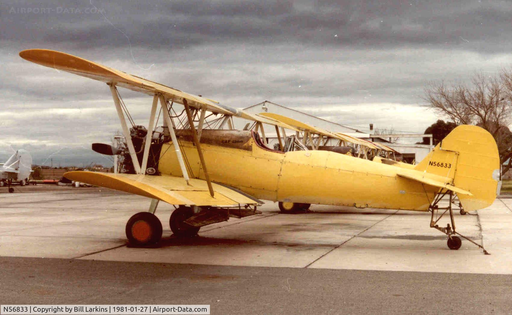 N56833, 1942 Boeing A75N1(PT17) C/N 753961, Agricultural seeder with raised tail wheel, four ailerons.