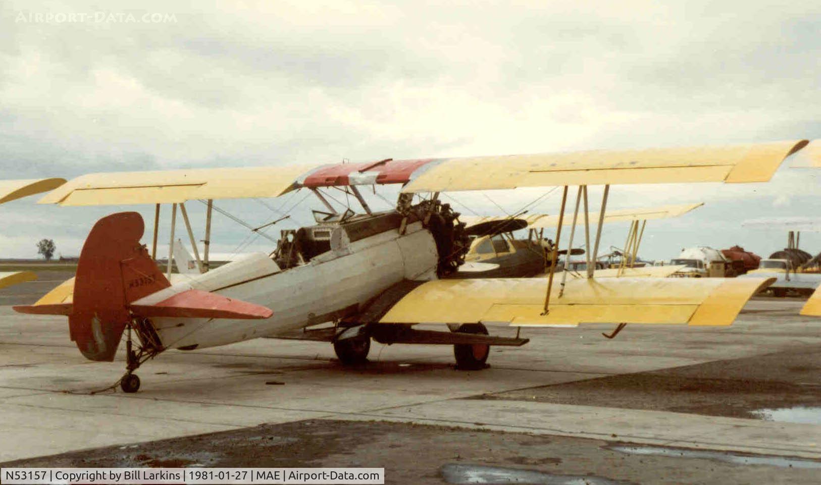 N53157, 1942 Boeing A75N1(PT17) C/N 75-1942, Long wing, four ailerons, modified rudder. Ag seeder.