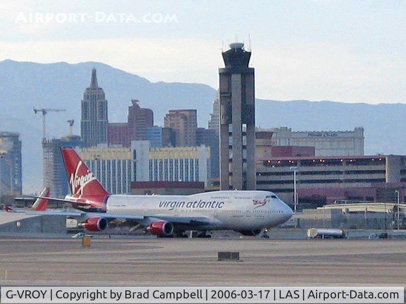 G-VROY, 2001 Boeing 747-443 C/N 32340, Virgin Atlantic (G-VROY) / 2001 Boeing Company BOEING 747-443 / New York, New York & Monte Carlo in background. Tropicana & old ATCT in front. Oh yeah...& G-VROY too!