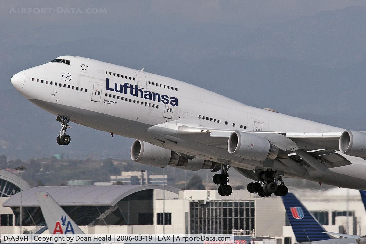 D-ABVH, 1991 Boeing 747-430 C/N 25045, Close-up of Lufthansa D-ABVH (FLT DLH457) departing LAX RWY 25R enroute to Frankfurt Main (EDDF), Germany.
