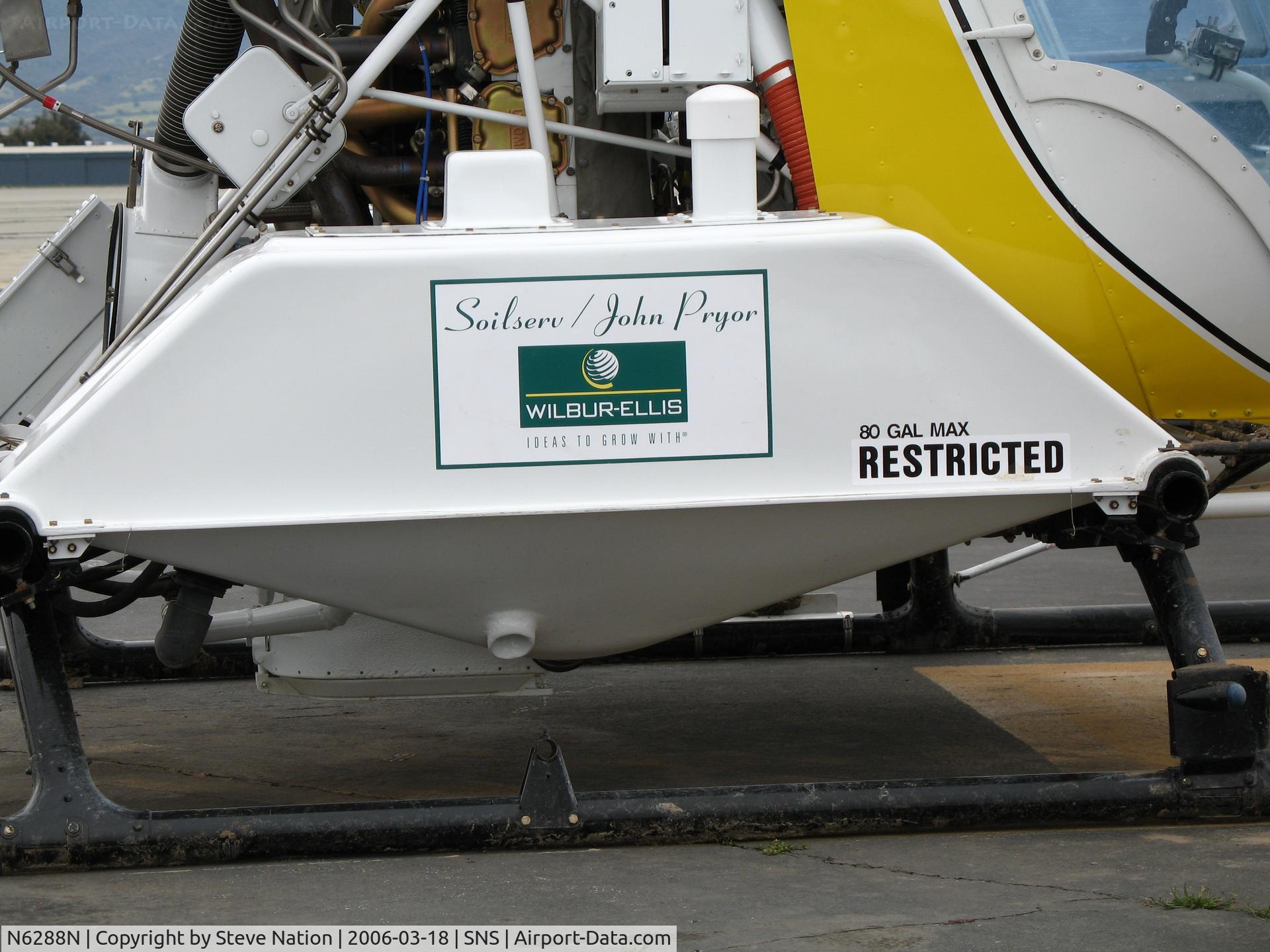 N6288N, 1968 Bell 47G-5 C/N 7888, Close-up of tank with new Soilserv/John Pryor/Wilbur-Ellis titles on 1968 Bell 47G-5 sprayer at Salinas, CA