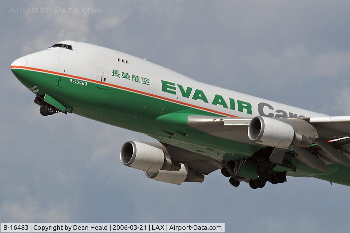 B-16483, 2002 Boeing 747-45EF (SCD) C/N 30609, Close-up of EVA Air Cargo B-16483 (FLT EVA605) departing LAX RWY 25R enroute to Chiang Kai Shek International Airport (RCTP) - Taipei, Taiwan