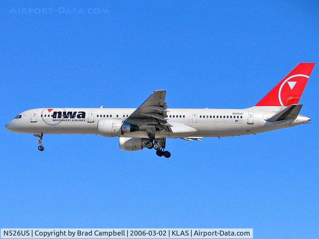 N526US, 1987 Boeing 757-251 C/N 23620, Northwest Airlines / Boeing 757-251 / Today was the first time I went to take photos at McCarran. When 20 feet from touchdown, it dipped hard right, left & right then aborted landing!