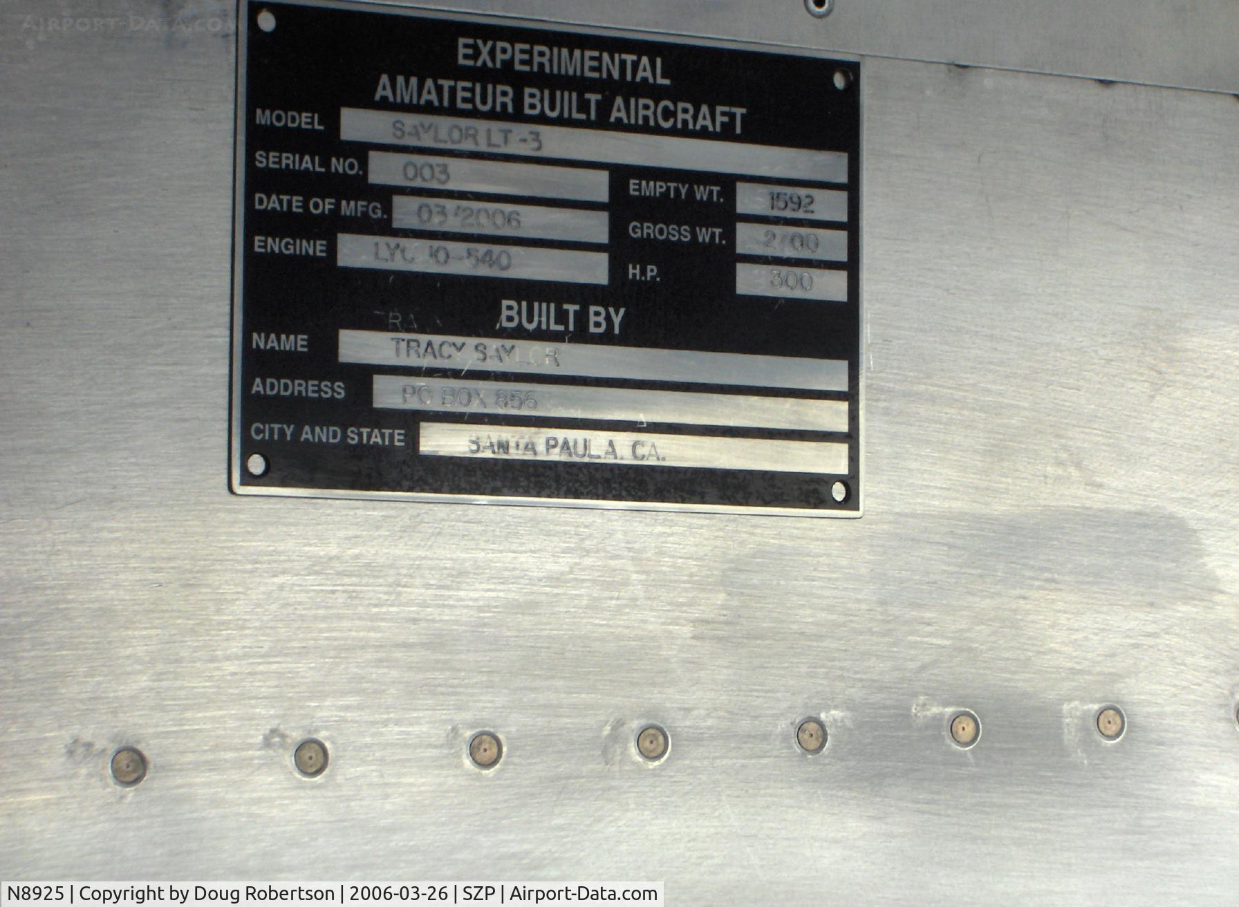 N8925, 2006 Vans RV-10A C/N 003, 2006 L. Tracy Saylor LT3 VAN'S RV-10A, Mfg. Data Plate, Date of Mfg. O3'2006