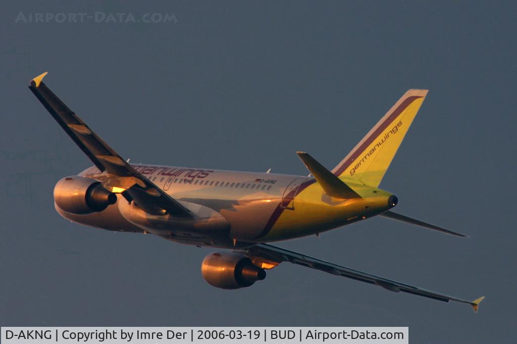 D-AKNG, 1997 Airbus A319-112 C/N 654, Taking off into the sunset from BUD