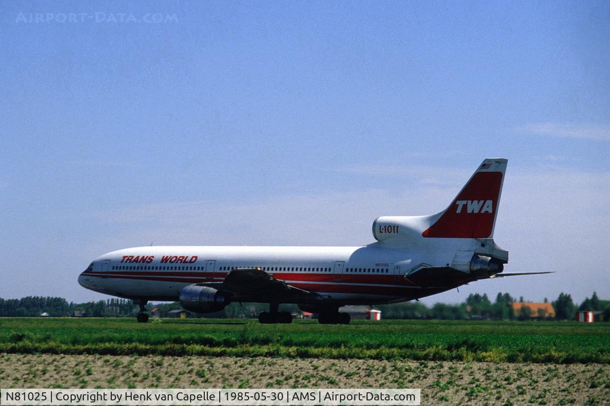 N81025, Lockheed L-1011-385-1-15 TriStar 100 C/N 193B-1098, TWA Lockheed triStar at Schiphol airport.