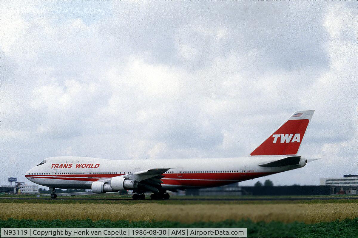 N93119, Boeing 747-131 C/N 20083, This 747 was destroyed off New York coastline on July 17, 1996. Sadly none of the 230 people on board flight TWA800 survived. Centre-fuel-tank explosion.