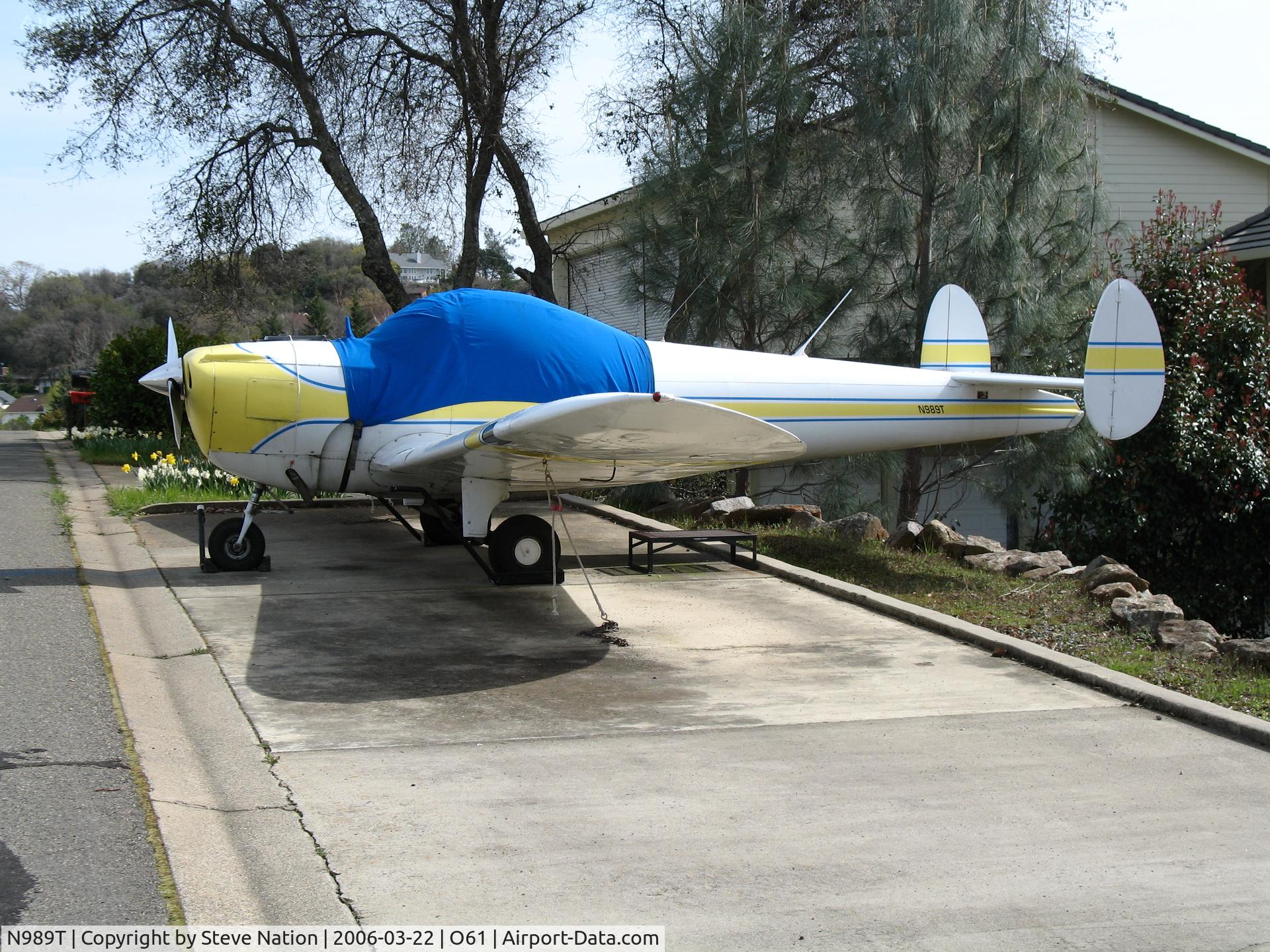 N989T, 1966 Alon A2 Aircoupe C/N A-87, 1966 Alon A2 (Ercoupe) in front of owner's home on Oxford Rd off Cameron Airpark Airport, CA that afternoon