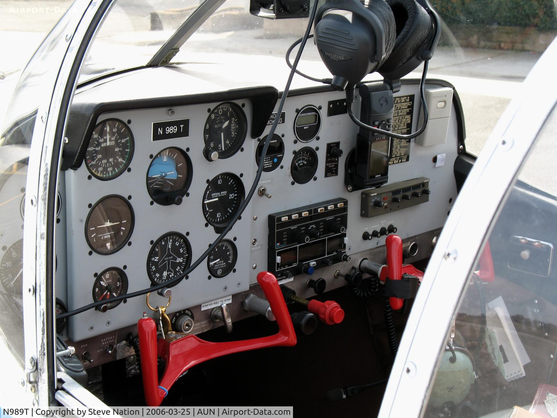 N989T, 1966 Alon A2 Aircoupe C/N A-87, close-up of instrument panel at Auburn Municipal Airport, CA