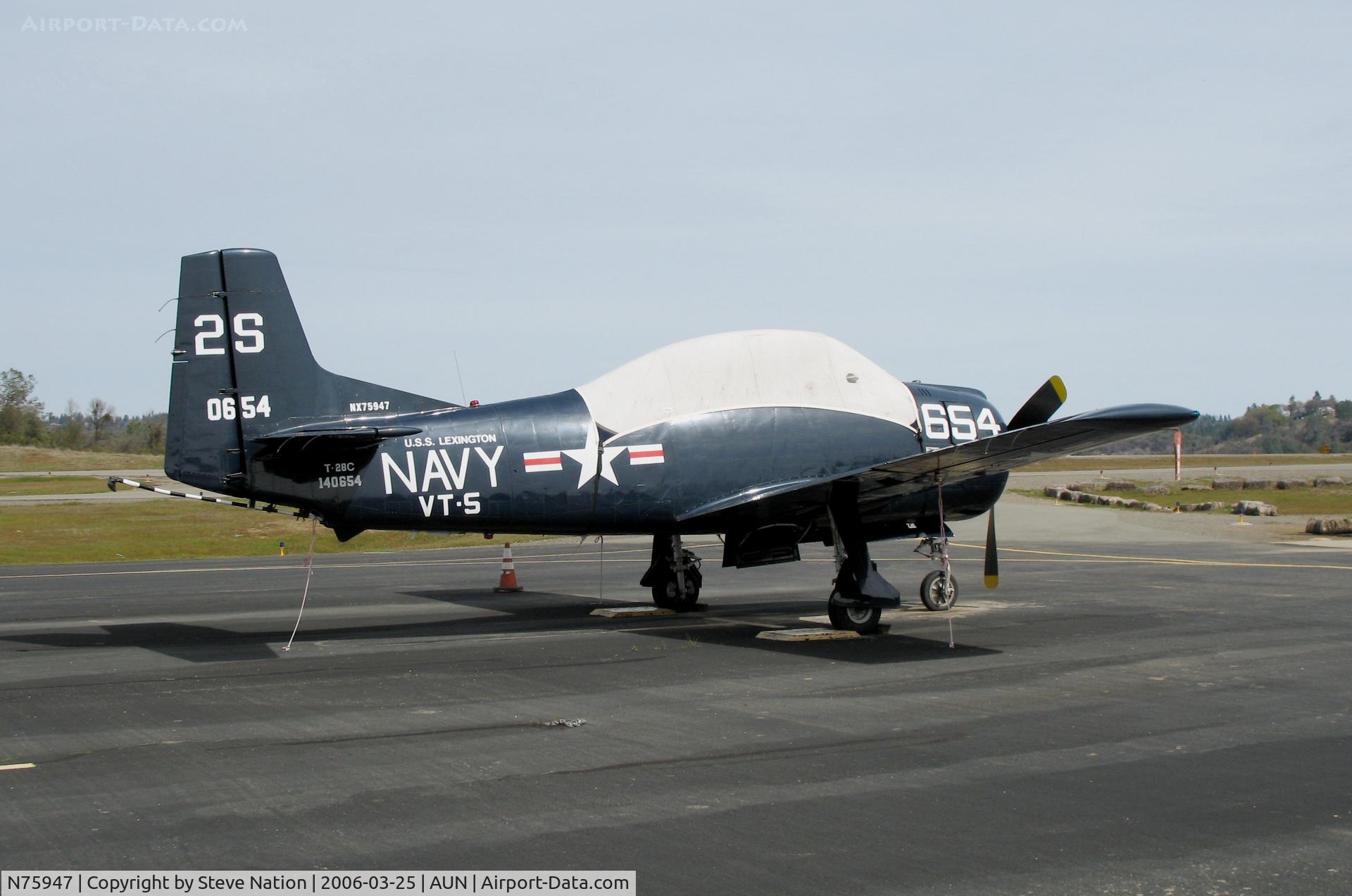 N75947, 1957 North American T-28C Trojan C/N 226-231 (140654), T-28C NX75947 in VT-5 2S/654 BuAer 140654 USS Lexington blue cs at Auburn Municipal Airport, CA