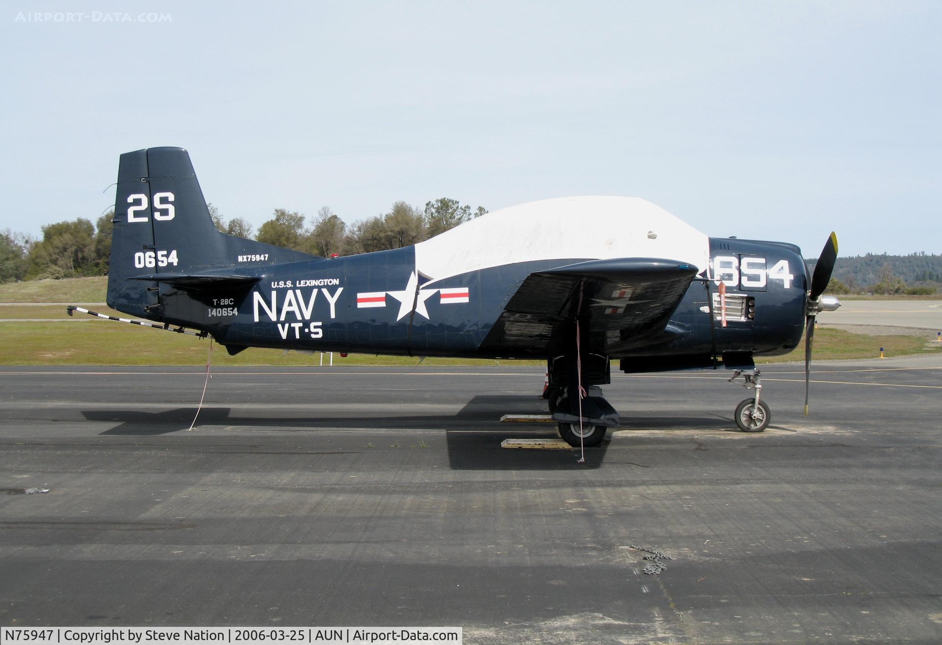 N75947, 1957 North American T-28C Trojan C/N 226-231 (140654), T-28C NX75947 in VT-5 2S/654 BuAer 140654 USS Lexington blue cs at Auburn Municipal Airport, CA