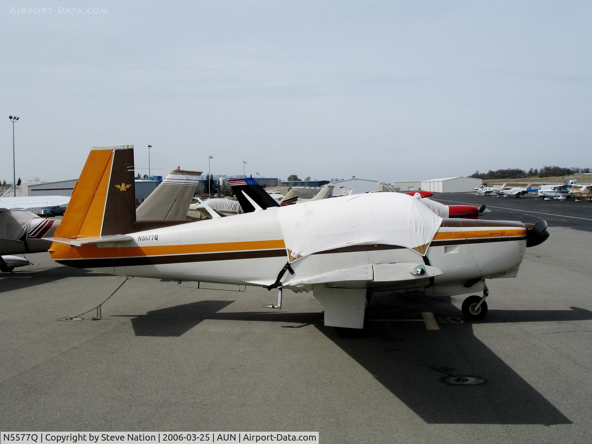 N5577Q, 1965 Mooney M20C Ranger C/N 2977, 1965 Mooney M20C with cover at Auburn Municipal Airport, CA.  Substantially damaged September 20, 2006 when acft lost elevator flight control at lift-off and pilot made hard forced landing on runway.