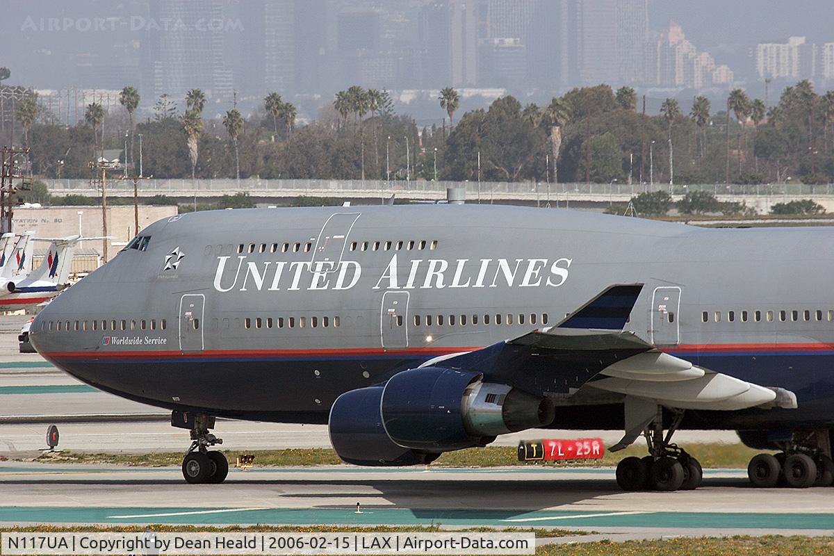 N117UA, 1999 Boeing 747-422 C/N 28810, United Airlines N117UA holding short of RWY 25R after arriving on 25L.