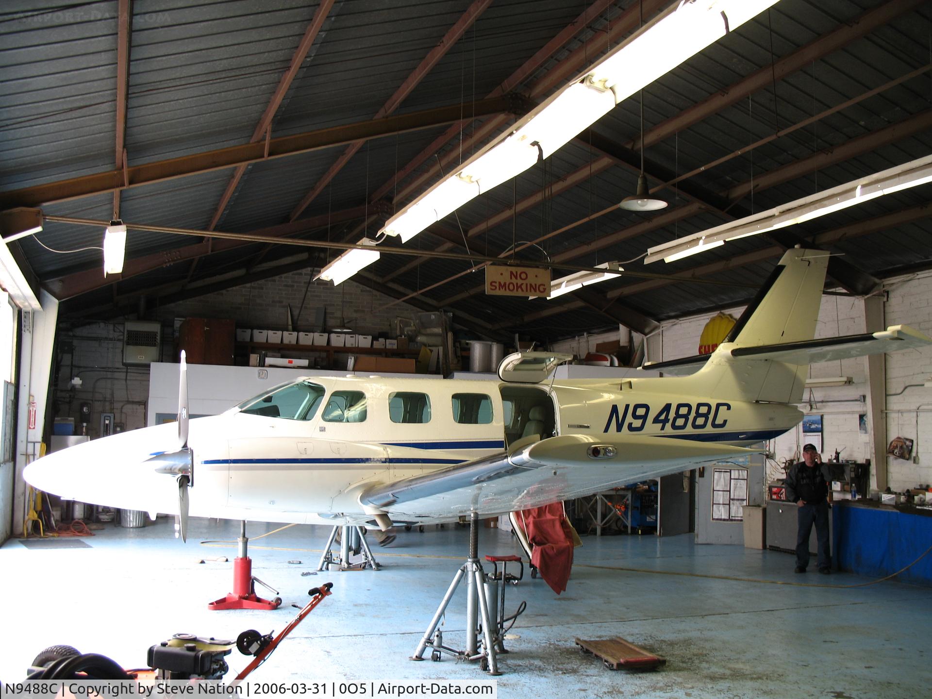 N9488C, 1982 Cessna T303 Crusader C/N T30300180, Cessna T303 on jacks at Davis Air Repair shop @ University Airport, Davis, CA