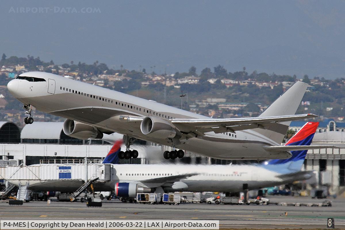 P4-MES, 2003 Boeing 767-33A C/N 33425, P4-MES departing LAX South Complex enroute to Luton (EGGW) - England.