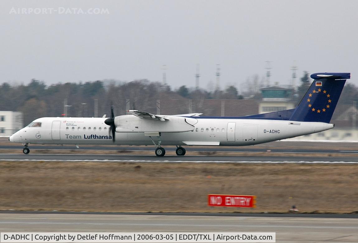 D-ADHC, 2001 De Havilland Canada DHC-8-402Q Dash 8 C/N 4045, touch down at Berlin-Tegel TXL