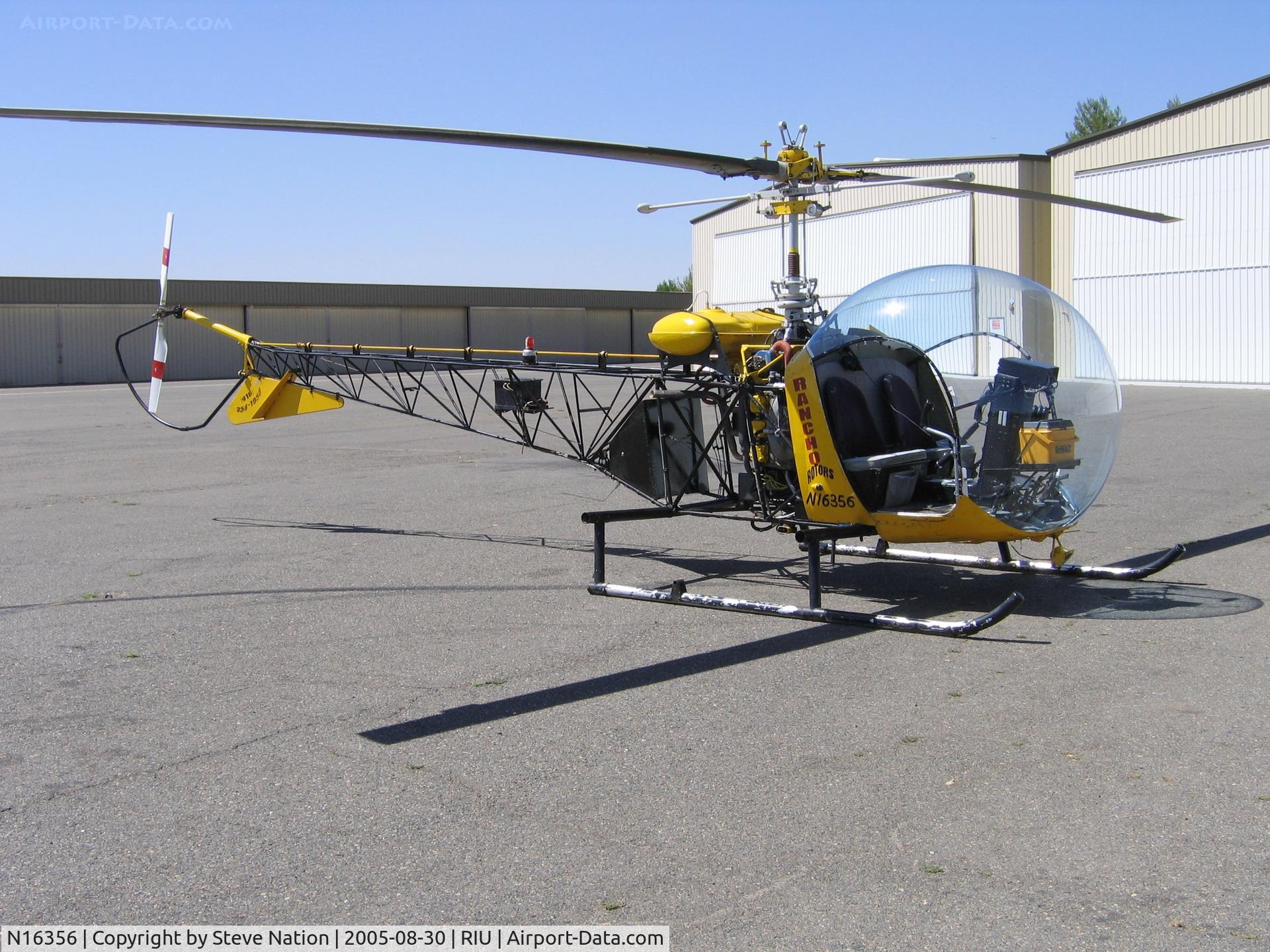 N16356, 1951 Bell 47D-1 C/N 536, Rancho Rotors 1951 Bell 47D2 @ Rancho Murieta Airport, CA. Destroyed on November 10, 2005 after losing tail rotor in flight and making hard landing 5 mi S of RIU. Student pilot serriously injured.