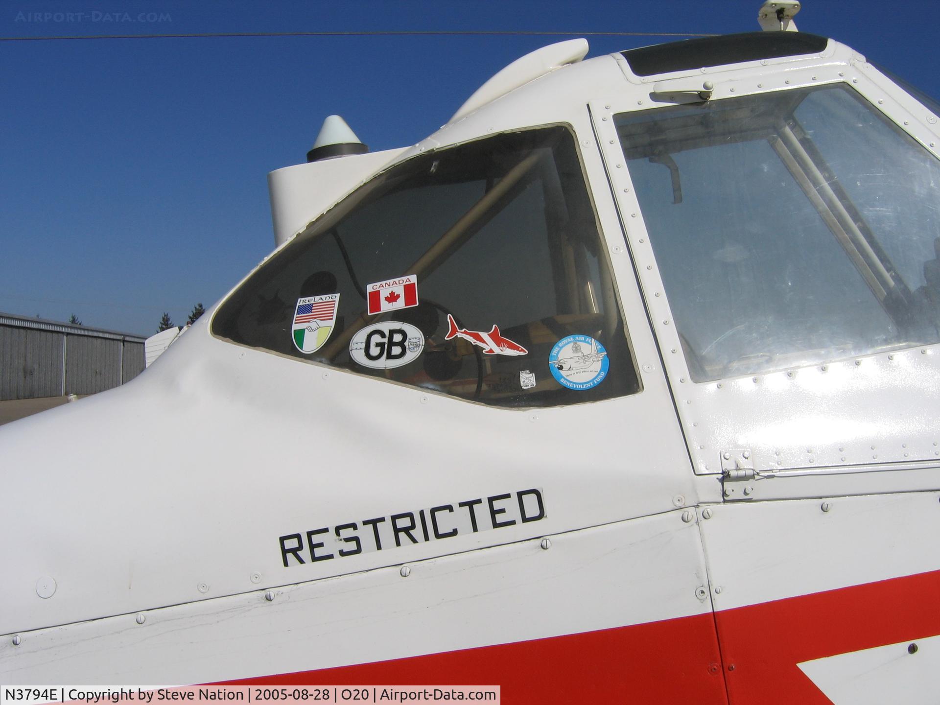 N3794E, 1978 Piper PA-36-375 Brave 375 C/N 36-7802003, decals on cockpit of San Joaquin Air 1978 Piper PA-36-375 Brave rigged as sprayer @ Lodi-Kingdon Airport, CA