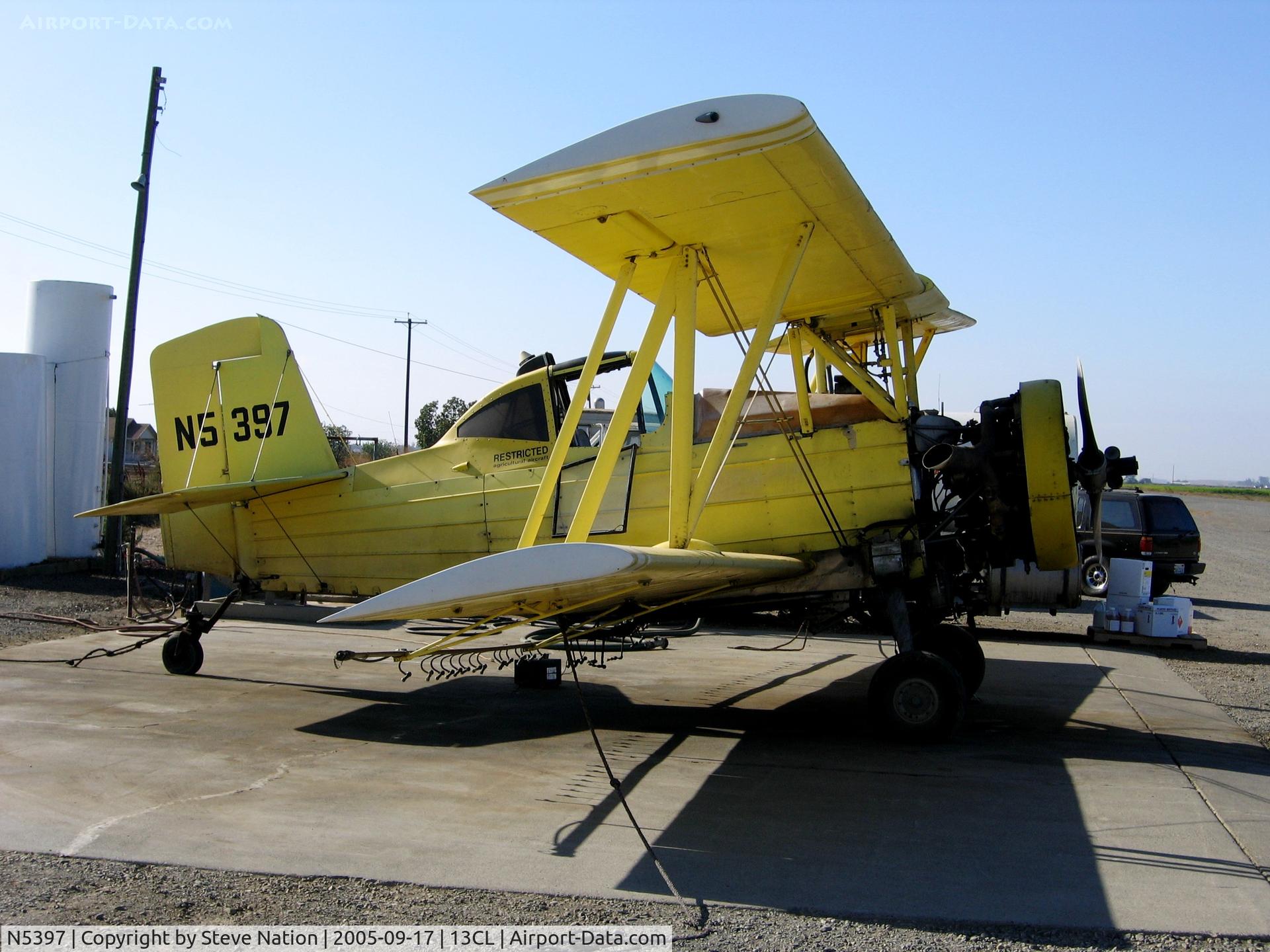 N5397, 1973 Grumman-Schweizer G-164A C/N 1151, Dixon Aviation 1973 Grumman G-164A as sprayer @ Maine-Prairie Airport (Hwy 113), Dixon, CA.  Sustained substantial damage on 2006-03-30 when pilot lost power, gear struck ground and airplane nosed over while attempting to fly under wires on take-off from